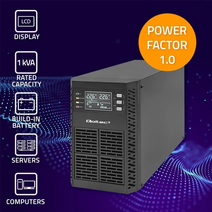 QOLTEC 52280 Nepertraukiamo maitinimo šaltinis UPS / 1kVA / 1000W / Galios koeficientas 1.0 / LCD / EPO / USB / Prisijungę