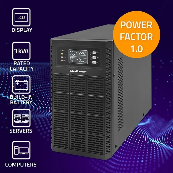 QOLTEC 52282 Nepertraukiamo maitinimo šaltinis UPS / 3kVA / 3000W / Galios koeficientas 1.0 / LCD / EPO / USB / Prisijungęs