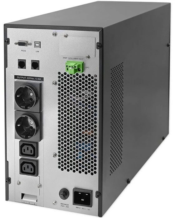 QOLTEC 52282 Nepertraukiamo maitinimo šaltinis UPS / 3kVA / 3000W / Galios koeficientas 1.0 / LCD / EPO / USB / Prisijungęs