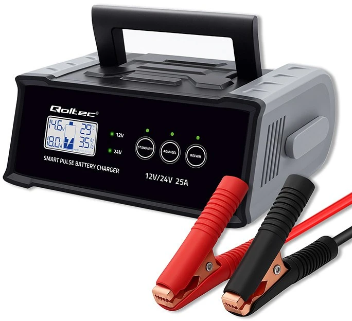 Qoltec 52514 Įkroviklis 12V 24V 25A | Lygintuvas su remonto funkcija AGM GEL SLA akumuliatoriui | LCD ekranas