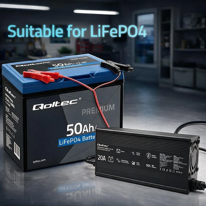 Qoltec 52671 12 V LiFePO4 akumuliatorių įkroviklis | 20 A | PF 0,9 | LED