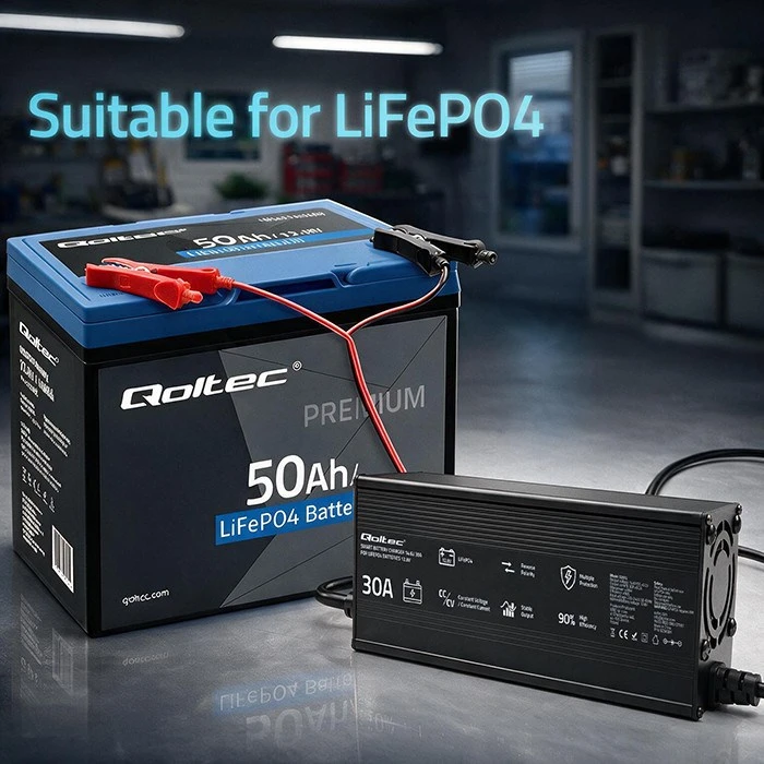 Qoltec 52672 12 V LiFePO4 akumuliatorių įkroviklis | 30 A | PF 0.9