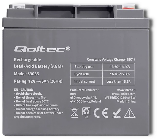 QOLTEC 53035 Qoltec Baterija AGM 12V 45Ah max.13.5A