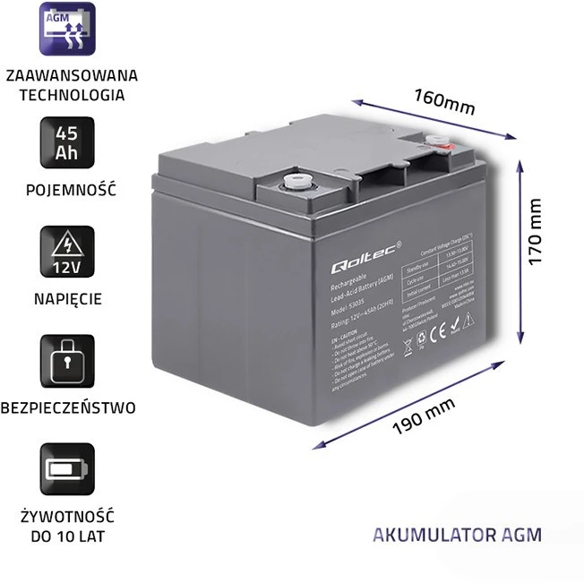 QOLTEC 53035 Qoltec Baterija AGM 12V 45Ah max.13.5A