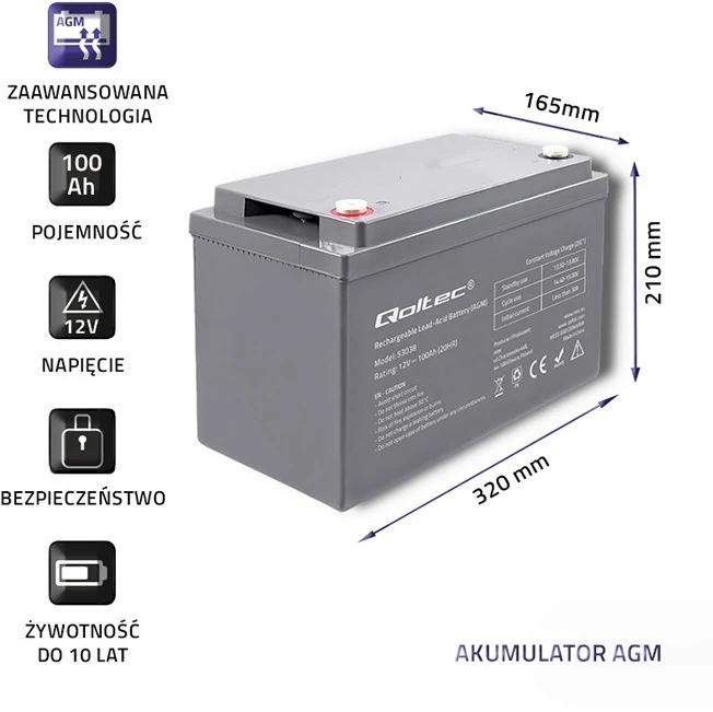 QOLTEC 53038 Qoltec Baterija AGM 12V 100Ah max.30A
