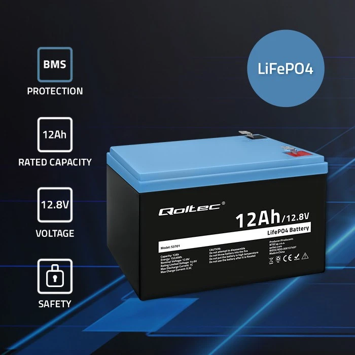 QOLTEC 53701 LiFePO4 ličio geležies fosfato baterija / 12,8V / 12Ah / 153,6Wh / BMS