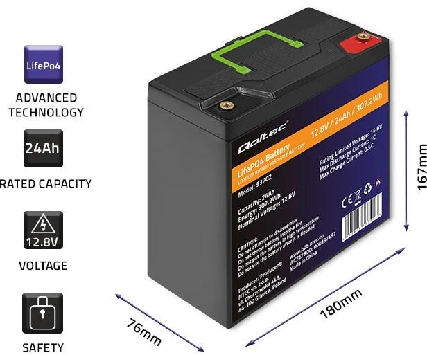 QOLTEC 53702 LiFePO4 ličio geležies fosfato baterija / 12,8V / 24Ah / 307,2Wh / BMS