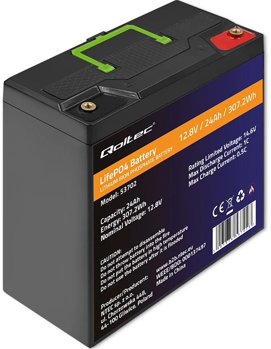 QOLTEC 53702 LiFePO4 ličio geležies fosfato baterija / 12,8V / 24Ah / 307,2Wh / BMS