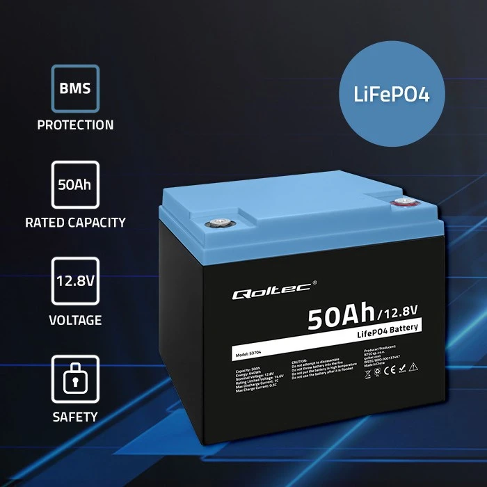 „Qoltec LiFePO4“ ličio-geležies-fosfato akumuliatorius | 12,8 V | 50 Ah | 640 Wh | BMS