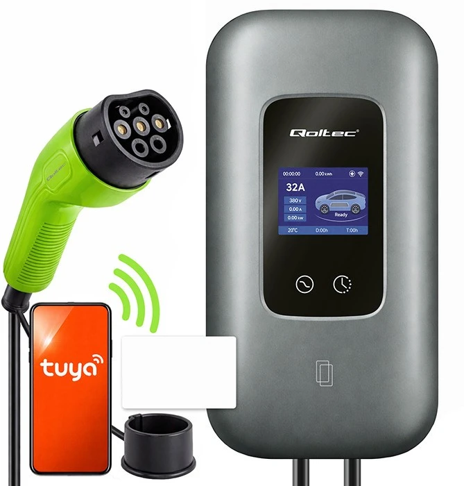 „Qoltec“ EV įkrovimo stotelė, 2 tipo, elektromobiliams ir hibridams | 3 fazės | 22 kW | 32 A | „Wi-Fi“ | LCD | RFID | Išmanusis gyvenimas | TUYA | Sieninė įkrovimo dėžutė | 5 m