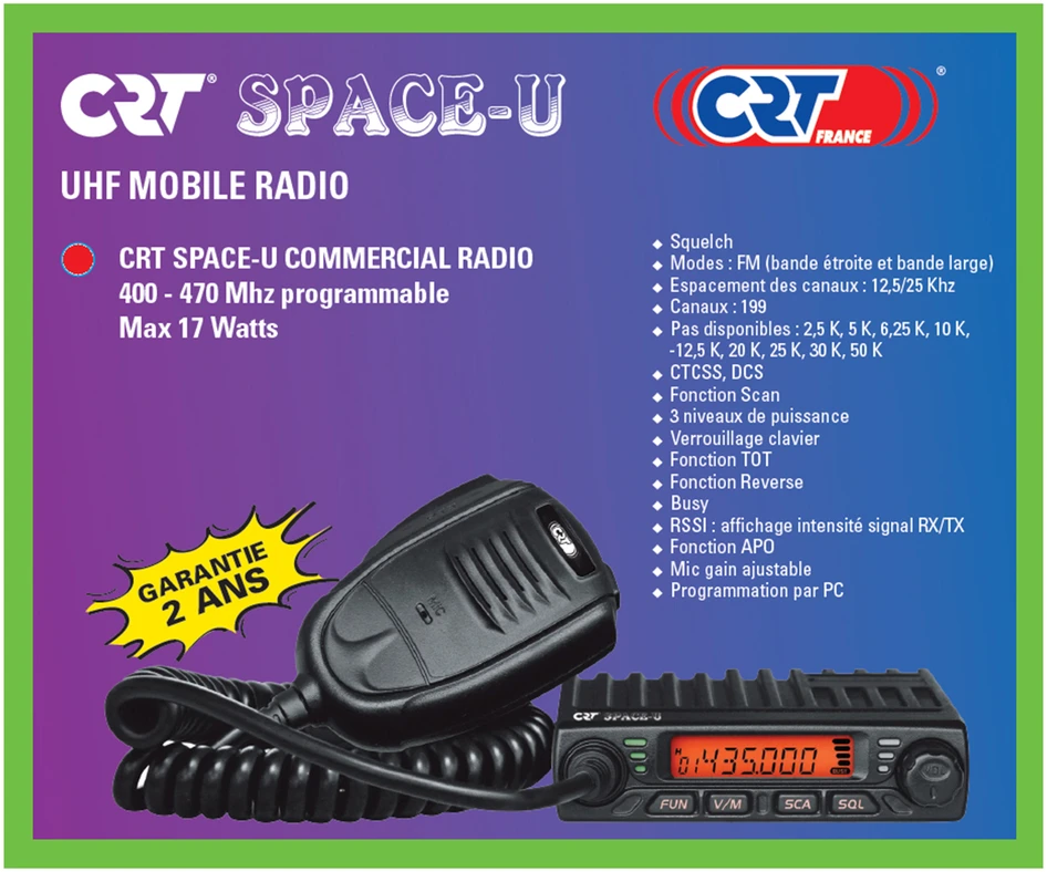 Radijo stotelė UHF CRT SPACE U 400-470 MHz programuojama kompiuteriu, 199 kanalai