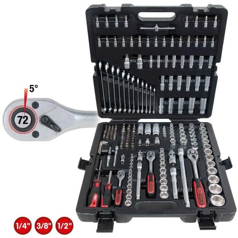 Raktų, terkšlių ir galvučių rinkinys KS TOOLS 1/4"+3/8"+1/2", 216 dalių