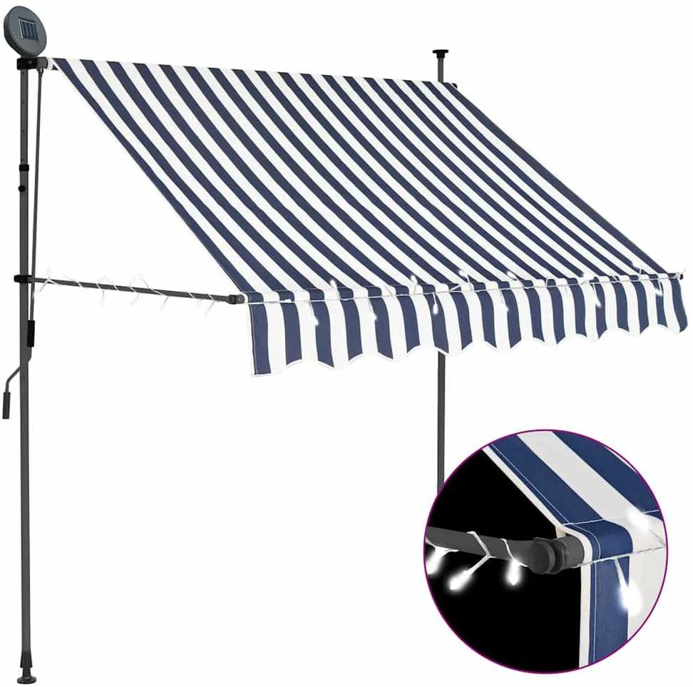 Rankinė ištraukiama markizė su LED, mėlyna ir balta, 100cm