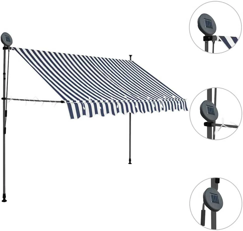 Rankinė ištraukiama markizė su LED, mėlyna ir balta, 300cm