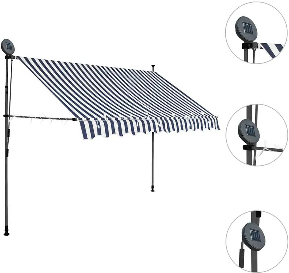 Rankinė ištraukiama markizė su LED, mėlyna ir balta, 250cm