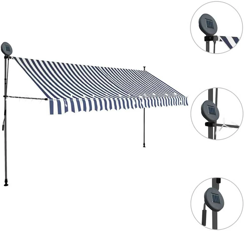 Rankinė ištraukiama markizė su LED, mėlyna ir balta, 400cm