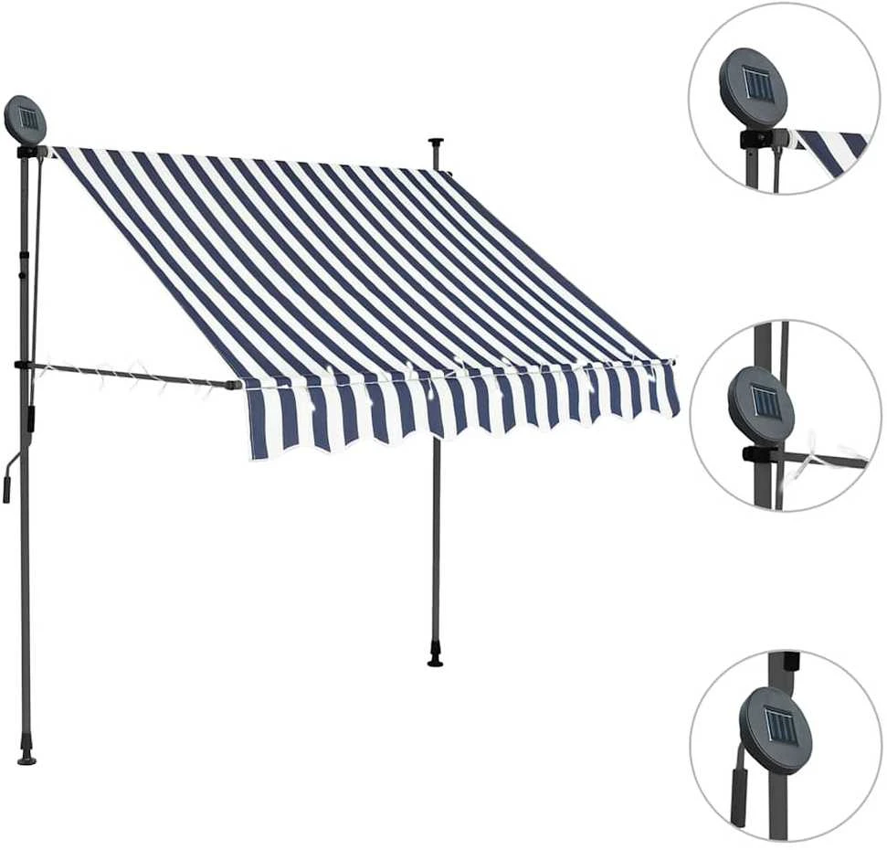 Rankinė ištraukiama markizė su LED, mėlyna ir balta, 150cm