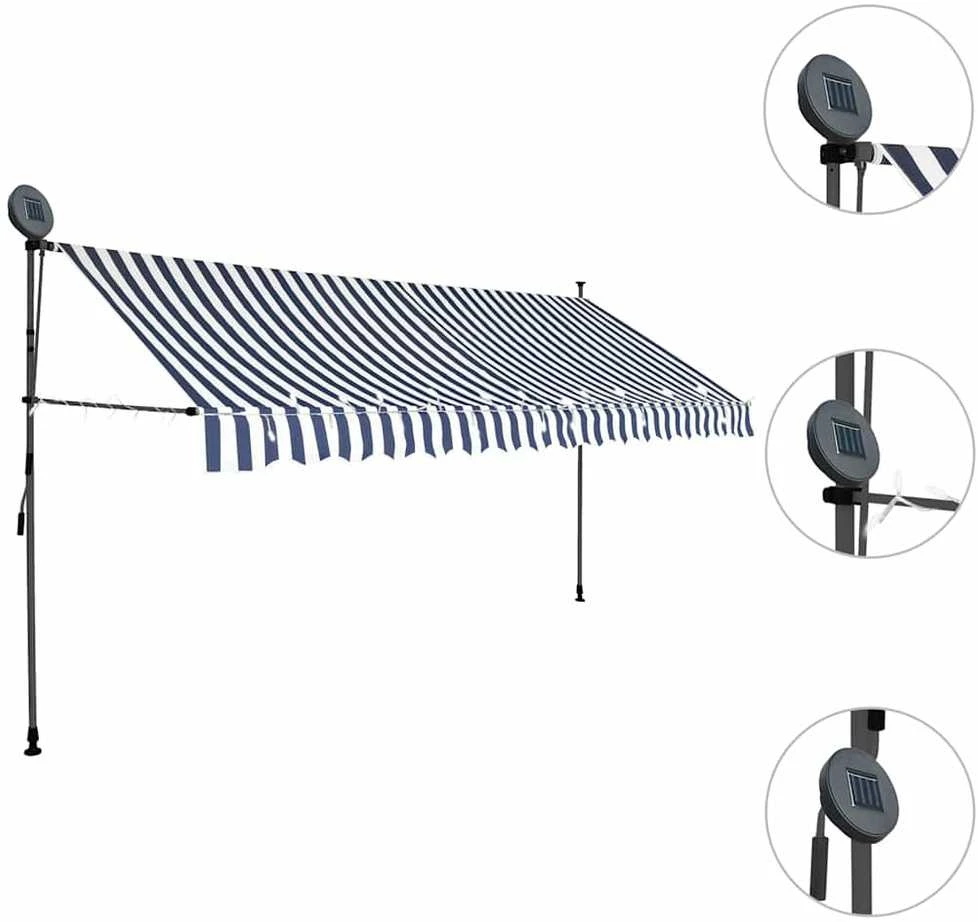 Rankinė ištraukiama markizė su LED, mėlyna ir balta, 350cm
