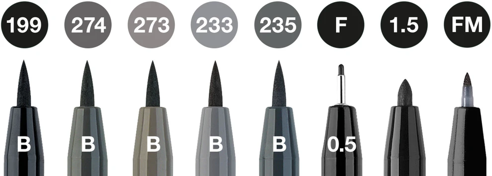 Rašikliai piešimui Faber-Castell Pitt Artist Pen Juodas&Pilkas, 8vnt