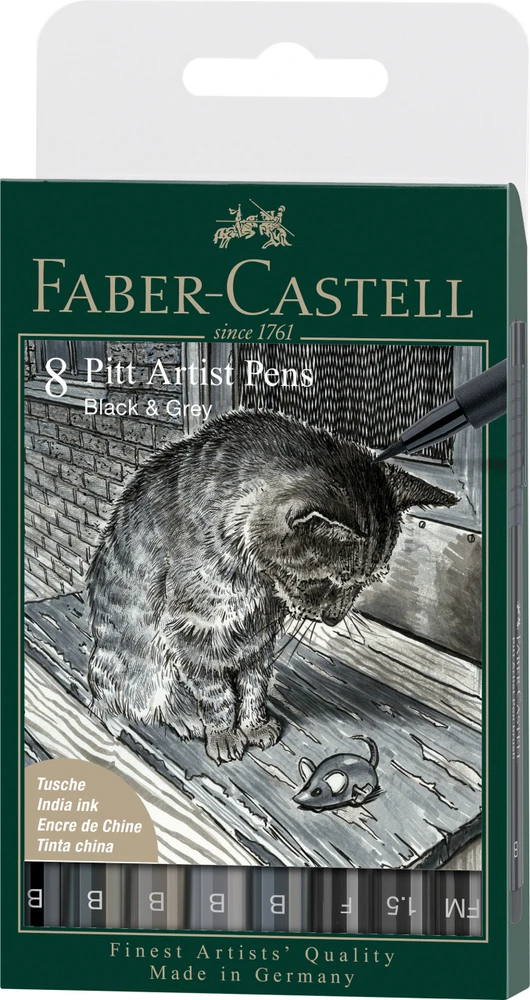 Rašikliai piešimui Faber-Castell Pitt Artist Pen Juodas&Pilkas, 8vnt