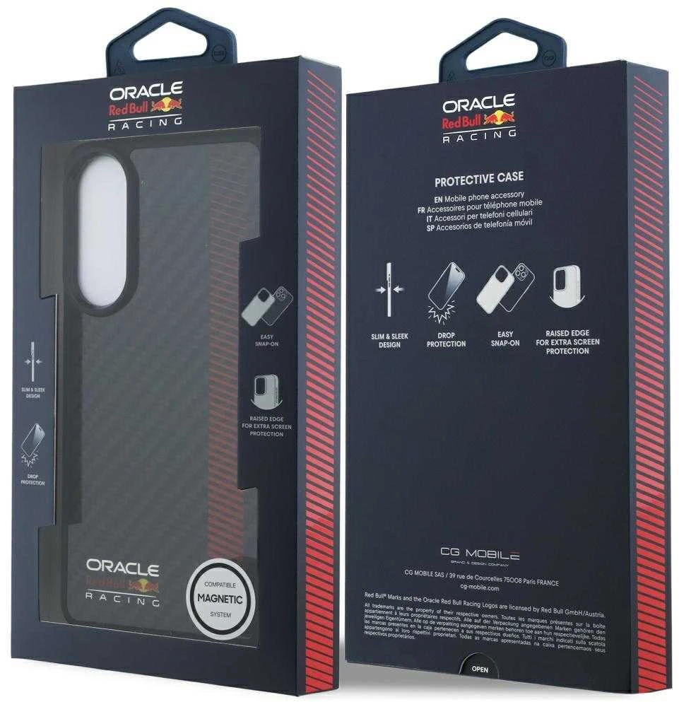 Red Bull Raudona Bull Dėklas Raudona Bull Real Carbon Fiber Powerbar MagSafe Samsung Galaxy S25 Edge juodos spalvos