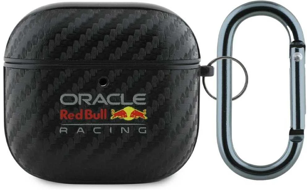 Dėklas Red Bull Raudona Bull Raudona Bull PU Carbon Logo AirPods 4 juodos spalvos
