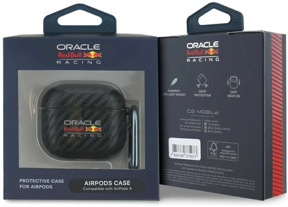 Dėklas Red Bull Raudona Bull Raudona Bull PU Carbon Logo AirPods 4 juodos spalvos