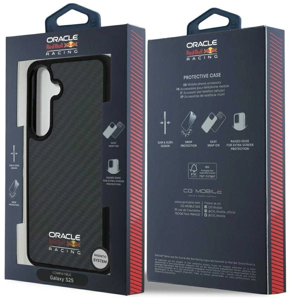 Red Bull Raudona Bull Original dėklas Raudonas BULL Real Carbon Fiber Shiny Logo MagSafe skirtas Samsung Galaxy S25 juodos spalvos