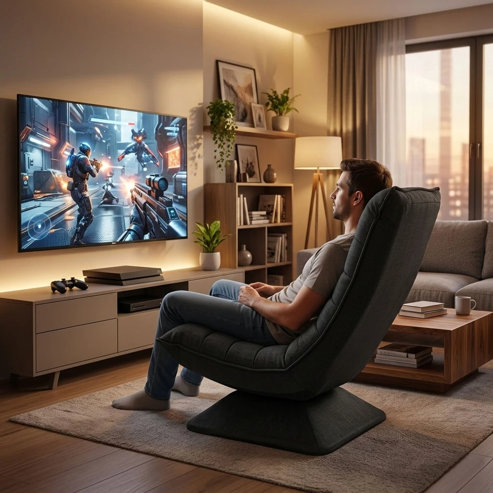 Reguliuojamas besisukantis poilsio krėslas su atlošimo funkcija, svetainės kėdė, juoda, ModernHome