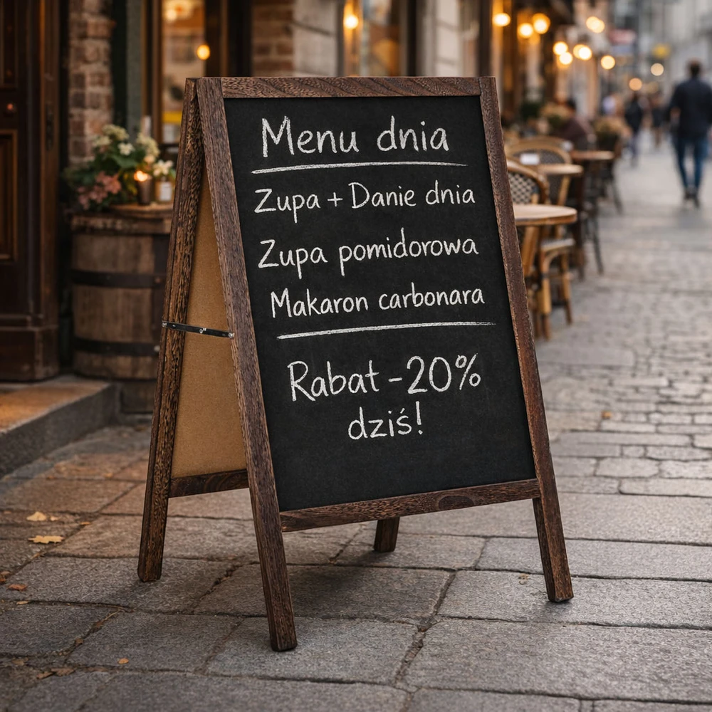 Reklaminis A formos stovas 83×50 cm, dvipusė kreidinė lenta, ModernHome
