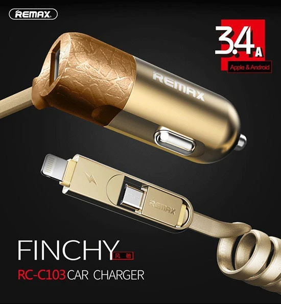 REMAX automobilinis įkroviklis RCC-103 Finchy – USB – 3,4A su „Lightning“ + „MicroUSB“ laidu, sidabrinis