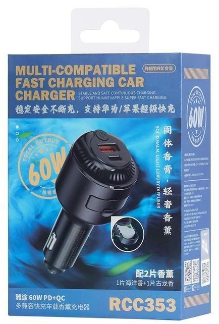 REMAX AUTOMOBILINIS ĮKROVIKLIS YATOY SERIES SU KVAPŲ FUNKCIJA 60W PD QC RCC353 1xUSB + 1xUSB-C Juodas