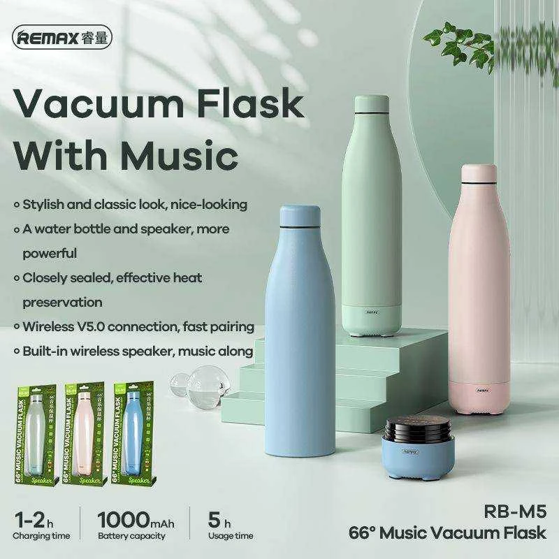 Remax Termosas su belaide kolonėle 500ml RB-M5 BLUETOOTH 5.0 rožinės spalvos