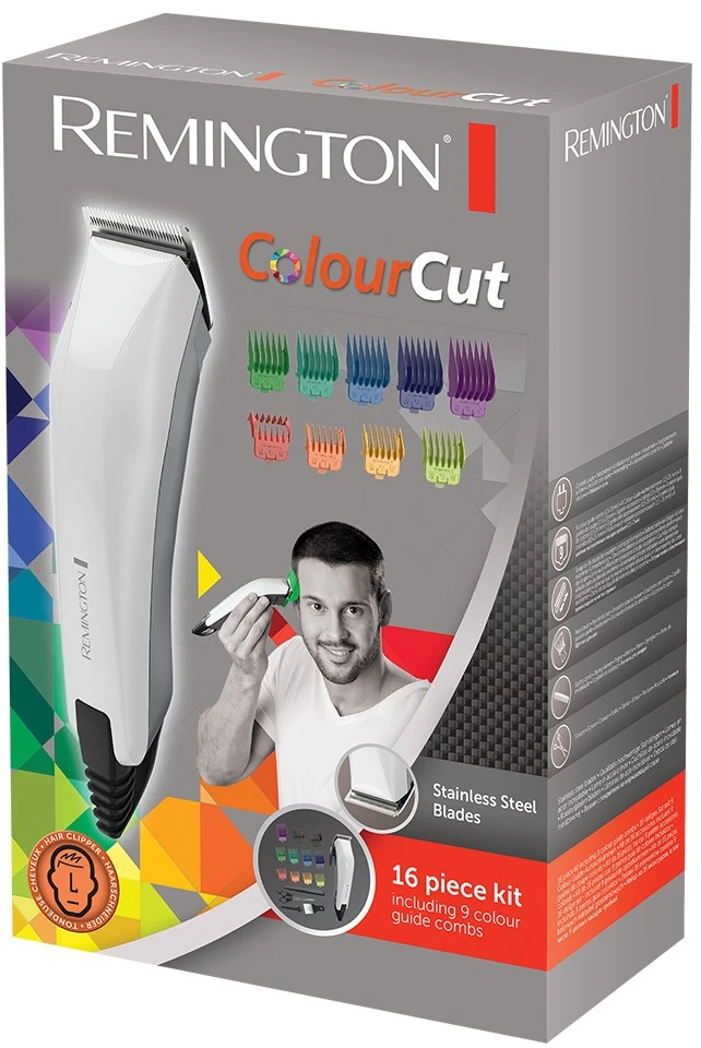 Remington Colourcut plaukų kirpimo mašinėlė HC5035 laidinė, įkraunama, Šiame 16 dalių rinkinyje yra 8 spalvų kreipiančiosios šukos, Baltas