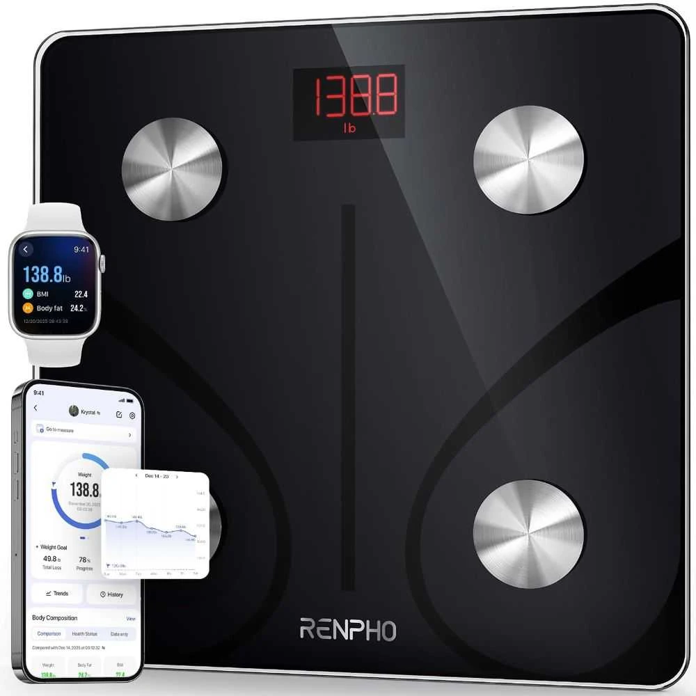 Svarstyklės RENPHO OB02720 - Bluetooth prisijungęs svorio ir kūno analizatorius - 13 rodiklių - Grūdinto stiklo platforma - Juoda