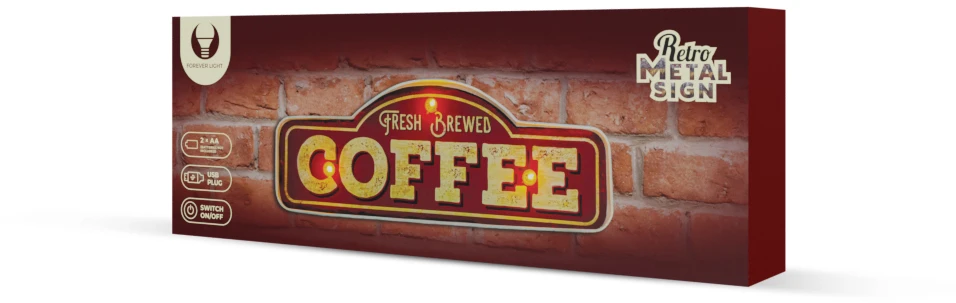 Sieninis šviestuvas TelForceone RETRO Metal Sign LED šviežiai užplikyta kava"Forever" šviesiai
