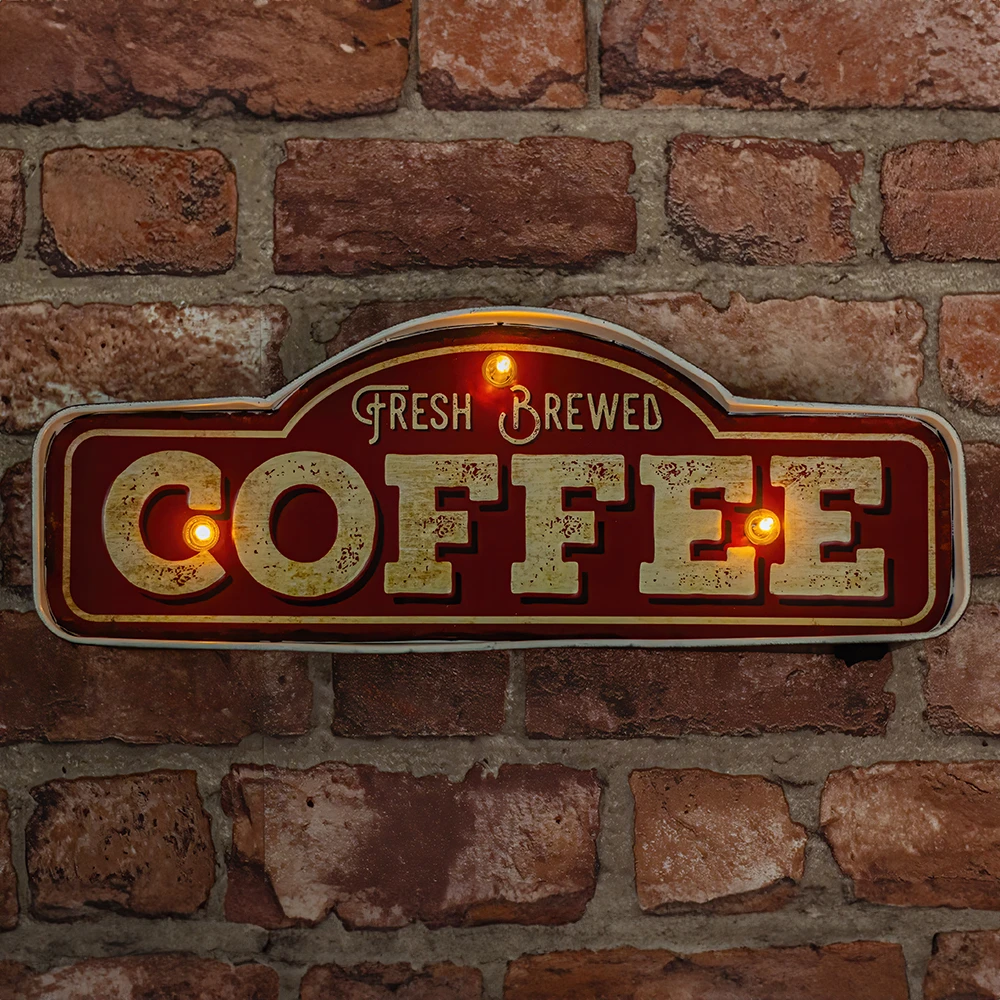 Sieninis šviestuvas TelForceone RETRO Metal Sign LED šviežiai užplikyta kava"Forever" šviesiai