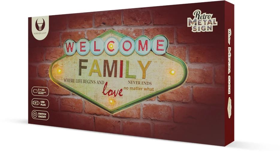 Sieninis šviestuvas TelForceone RETRO Metal Sign LED Welcome Family"Forever" šviesiai