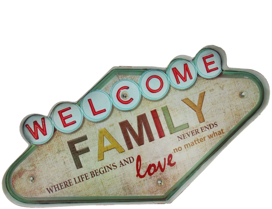 Sieninis šviestuvas TelForceone RETRO Metal Sign LED Welcome Family"Forever" šviesiai