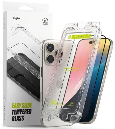 Ringke iPhone 16 Pro Max ekrano apsauga Premium Easy Slide grūdintas stiklas 9H su montavimo rėmeliu (2 vnt.) Skaidrus