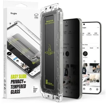 Ringke Samsung Galaxy S25/S24 ekrano apsauga Premium Easy Slide privatumą užtikrinantis grūdintas stiklas 9H su montavimo rėmeliu (2 vnt.) Skaidrus