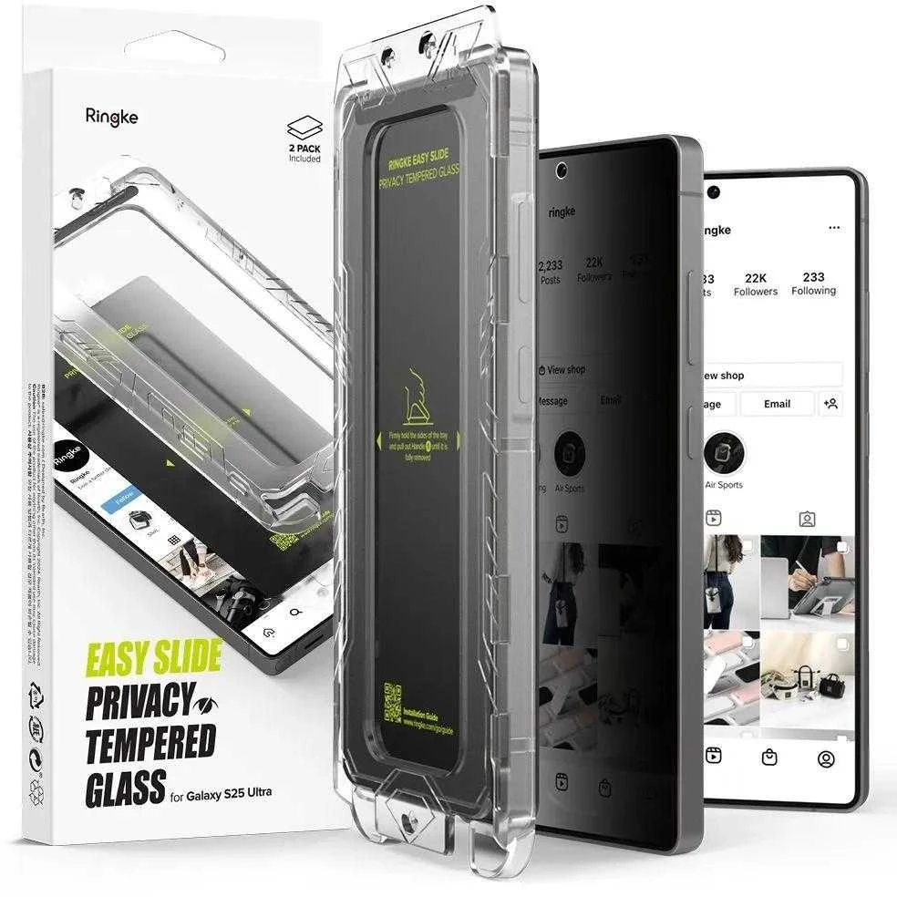 Ringke Samsung Galaxy S25 Ultra ekrano apsauga Premium Easy Slide privatumą užtikrinantis grūdintas stiklas 9H su montavimo rėmeliu (2 vnt.) Skaidrus