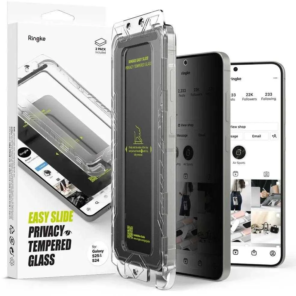Ringke Samsung Galaxy S25/S24 ekrano apsauga Premium Easy Slide privatumą užtikrinantis grūdintas stiklas 9H su montavimo rėmeliu (2 vnt.) Skaidrus
