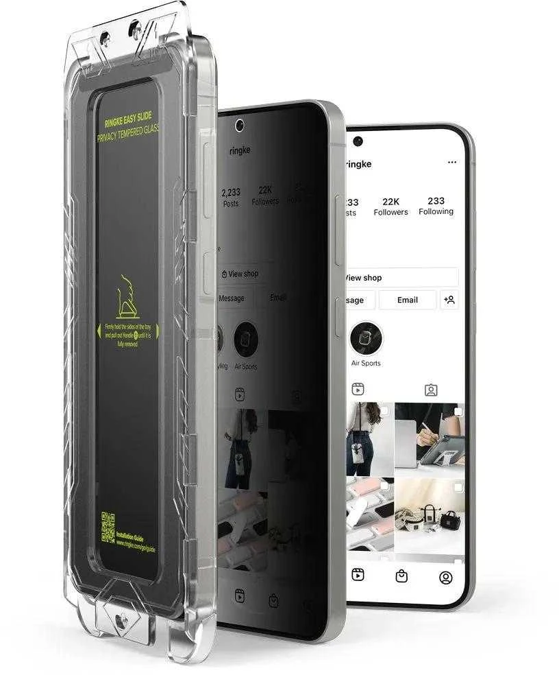 Ringke Samsung Galaxy S25/S24 ekrano apsauga Premium Easy Slide privatumą užtikrinantis grūdintas stiklas 9H su montavimo rėmeliu (2 vnt.) Skaidrus