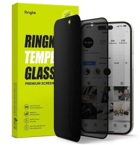 Ringke iPhone 15/ 16 ekrano apsauga Easy Slide Privacy grūdintas stiklas 9H su montavimo rėmeliu (2 vnt.) skaidrus
