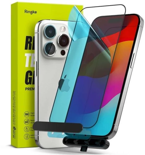 Ringke iPhone 15 Pro ekrano apsauga, aukščiausios kokybės grūdintas stiklas 9H su montavimo rėmeliu, skaidrus