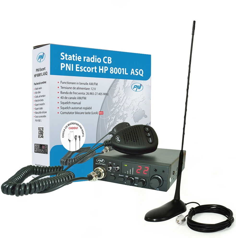 Rinkinys CB PNI ESCORT HP 8001L ASQ + laisvų rankų įranga HS81L + magnetinė antena CB PNI Extra 45