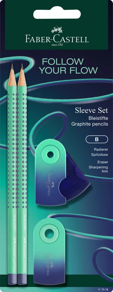 Rinkinys Faber-Castell Flow Edition Buzzing Mėlyna, 2 pieštukai B + drožtukas ir trintukas, blisterinėje pakuotėje