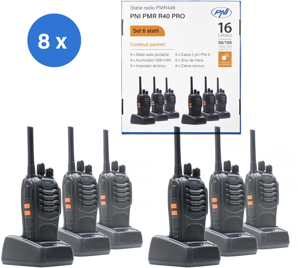 Rinkinys su 8 vienetais, 6 nešiojamos radijo stotelės PNI PMR R40 PRO, komplekte yra baterijos, įkrovikliai ir ausinės
