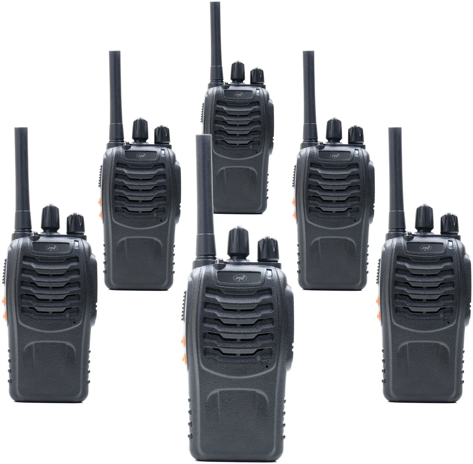Rinkinys su 8 vienetais, 6 nešiojamos radijo stotelės PNI PMR R40 PRO, komplekte yra baterijos, įkrovikliai ir ausinės